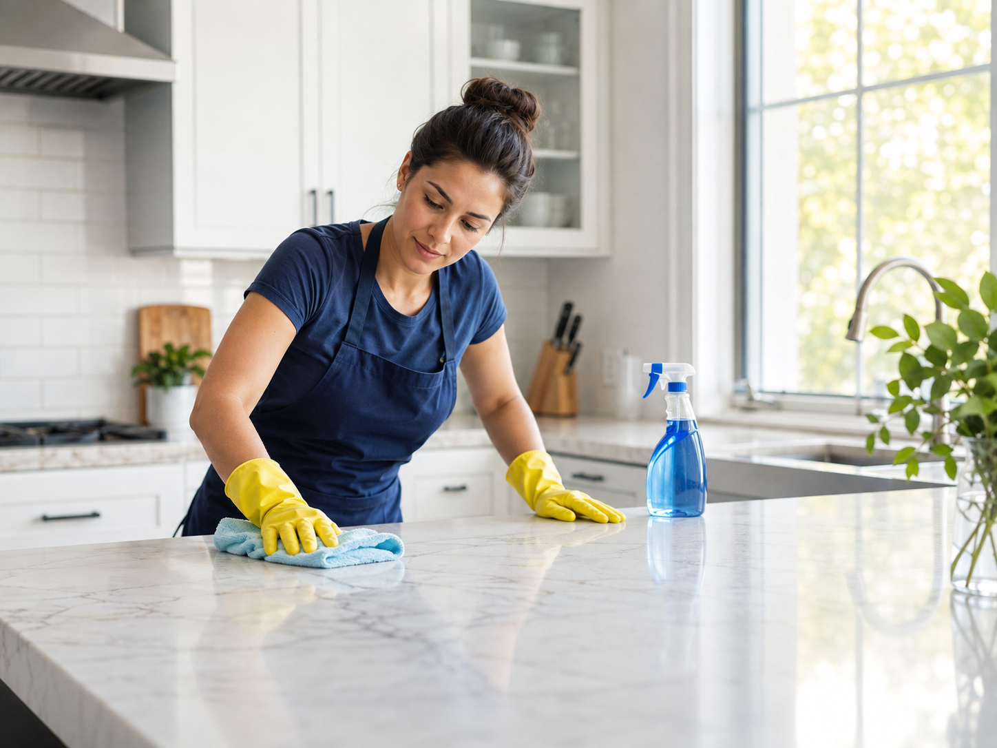 Profesional de limpieza trabajando en una cocina moderna